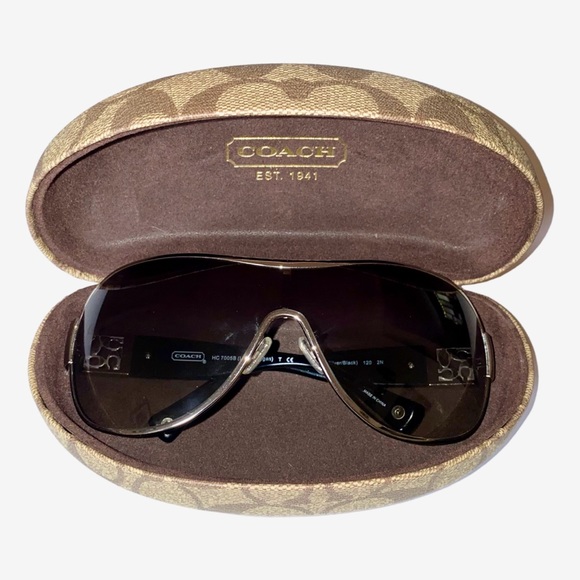 COACH Aviator Shield Sunglasses NWOT in Black & Silver w/Rhinestone Logo Detail - Picture 7 of 14